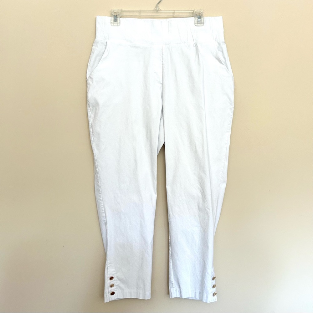 Ashley Stewart Women’s White Cropped Chinos Pants with Buttons Hem Accents